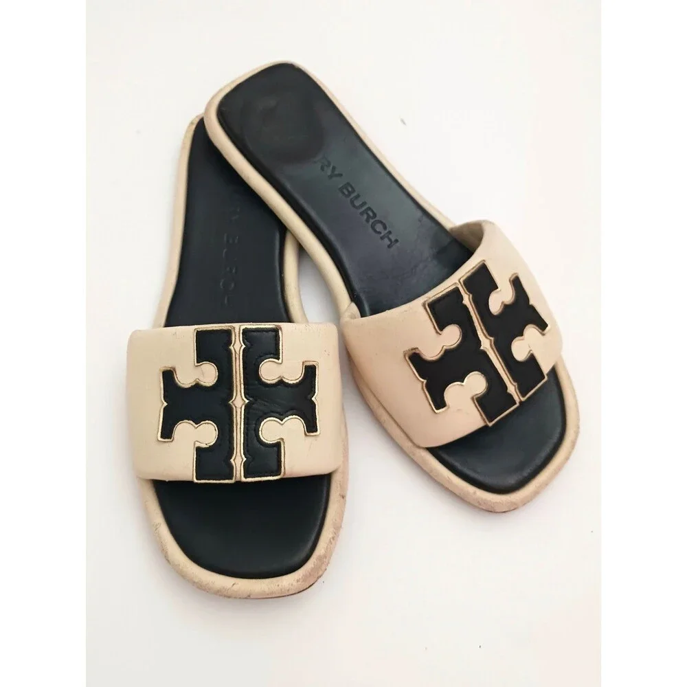 Tory Burch Double T Logo Sport Slide Cream/ Black Leather Wide Straps 7.5M